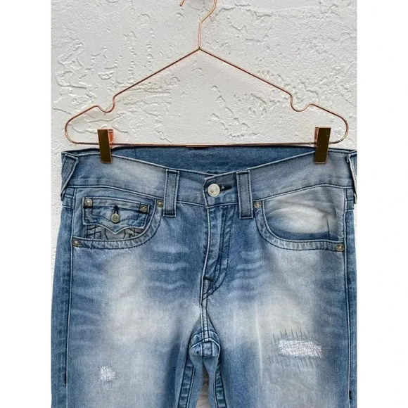 True Religion Mens Distressed Straight Cut Denim Jeans Light Blue Size 32 - Picture 13 of 16